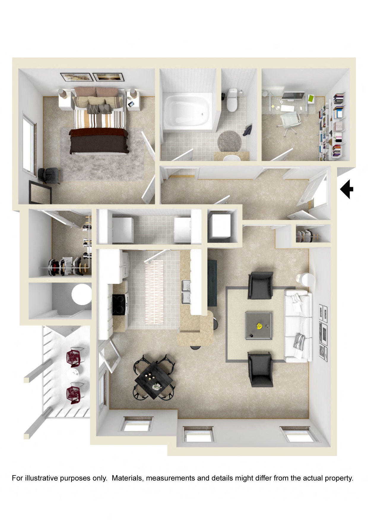 Floor plan for 1 bed, 1 bath, 894 sqft